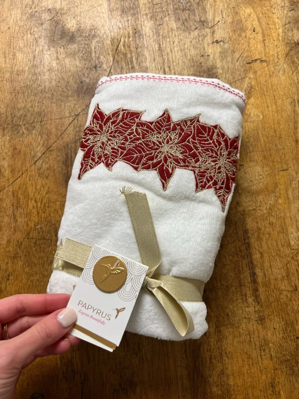Papyrus White Hand Towel with Red & Gold Poinsettia Trim